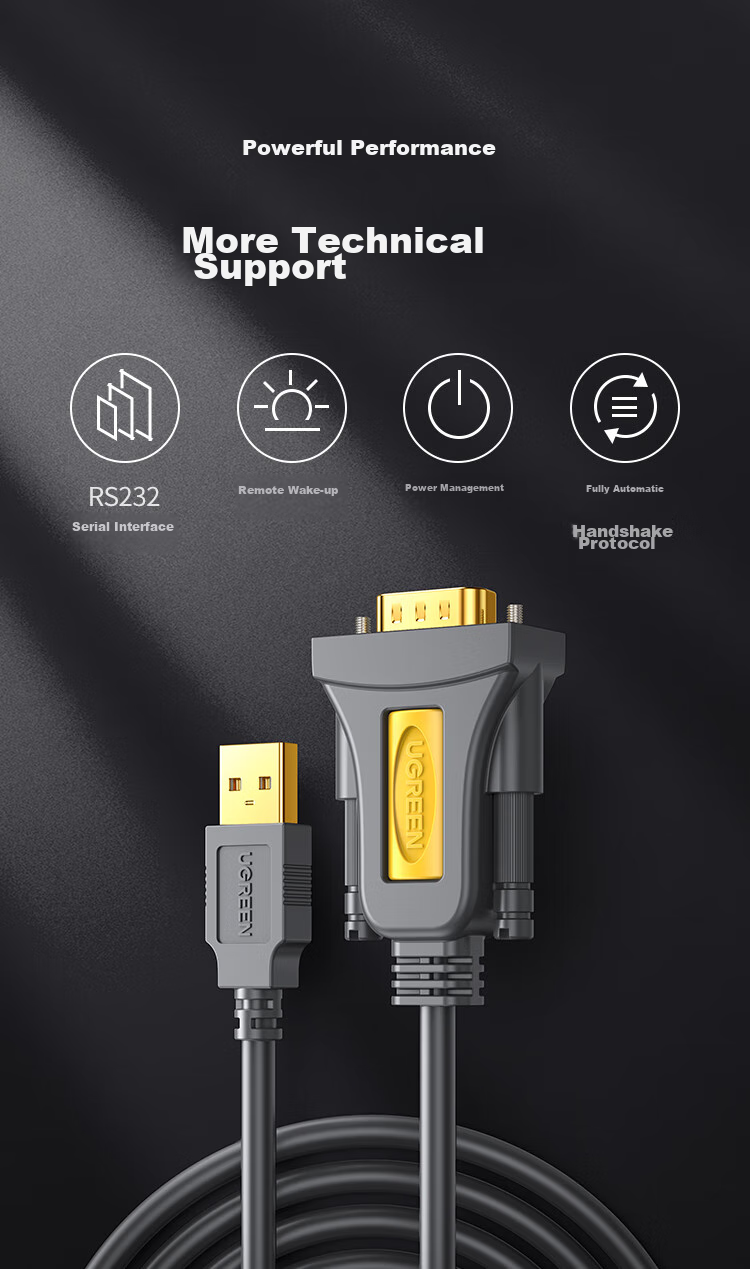 UGREEN USB to RS232 Serial Cable, 2 метра, черный