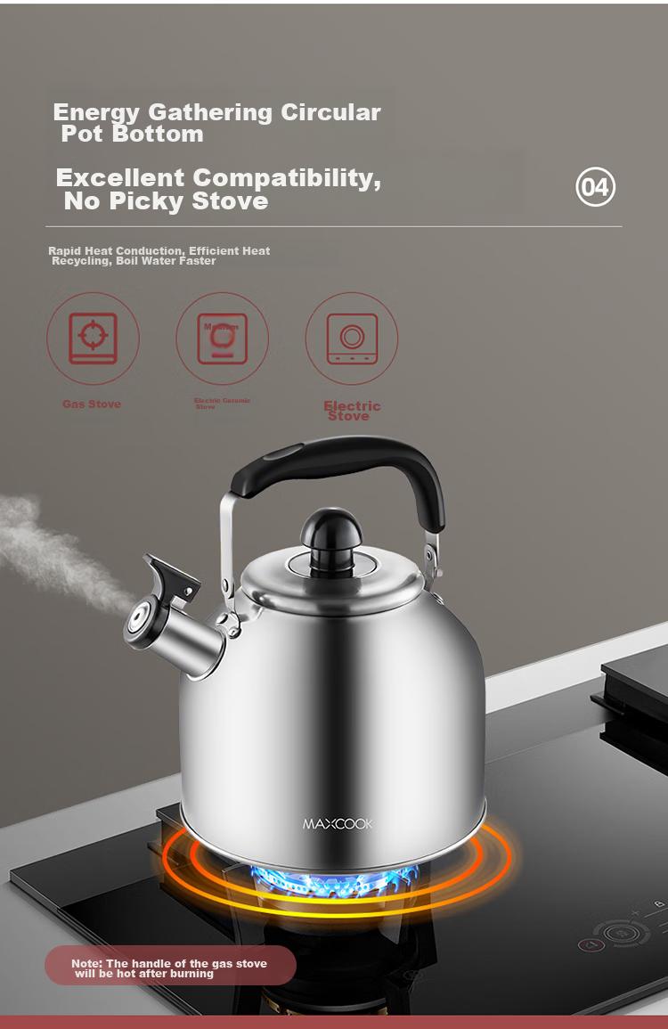 MAXCOOK Чайник со свистком из нержавеющей стали 304, 5 л, японский дизайн, подходит для газовых и индукционных плит, MCH288