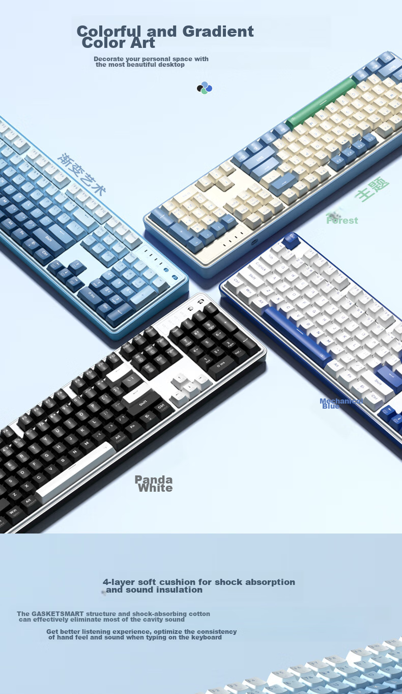 Механическая беспроводная клавиатура REDRAGON KS104, 104 клавиши, Bluetooth, RGB подсветка, красные переключатели, белый с синим