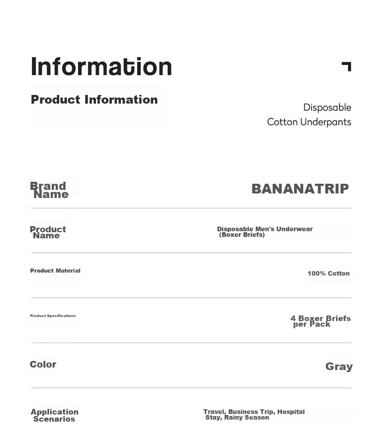 BANANA TRIP Одноразовые мужские боксеры, стерильные, из чистого хлопка, утолщенные, не требующие стирки, стерильные, портативные, индивидуально упакованные, серые, 2XL, 4 шт.
