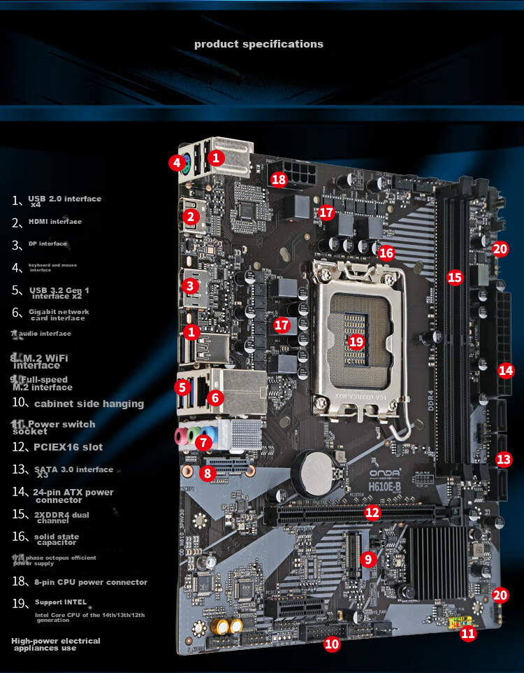 Материнская плата ONDA H610E-B для процессоров Intel LGA 1700, DDR4, M-ATX, с поддержкой SATA и M.2 NVMe, HDMI/DP