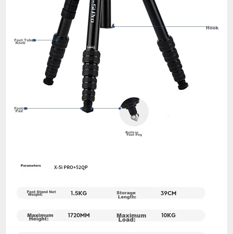Штатив Fotopro X5I PRO+52QP с шаровой головкой 52QP, портативный, складной, регулируемый монопод для фотосъемки