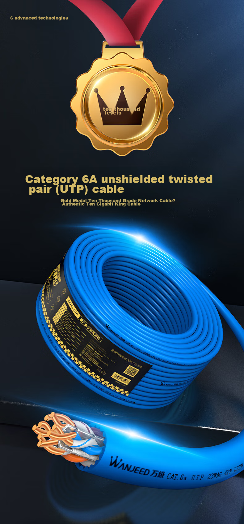 Сетевой кабель WANJEED CAT6A UTP, 10 Гбит/с, 23AWG, 100 метров, синий