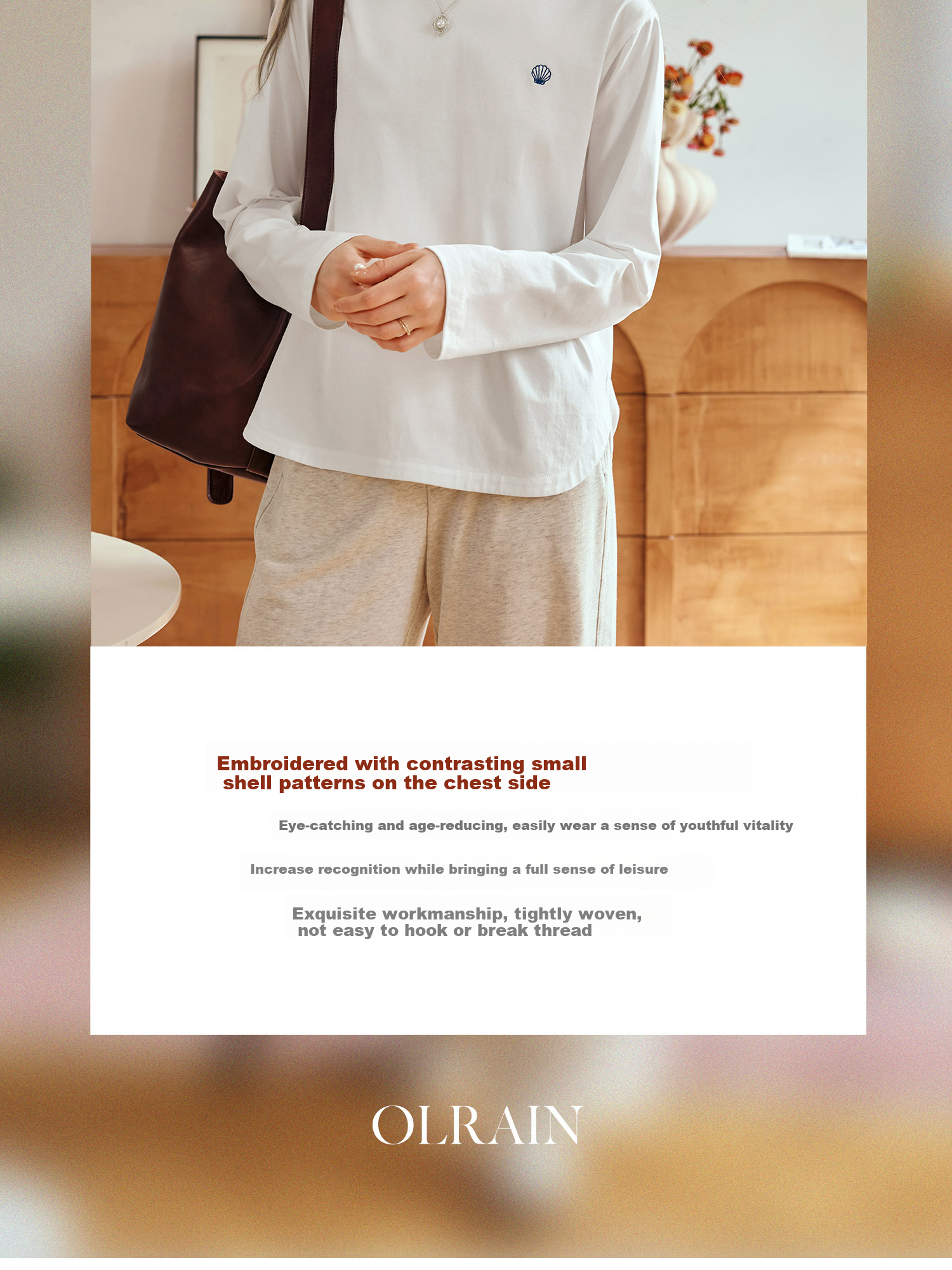 Женская футболка Olrain с длинным рукавом, из чистого хлопка, с французской вышивкой, повседневная, с круглым вырезом, белая, размер L