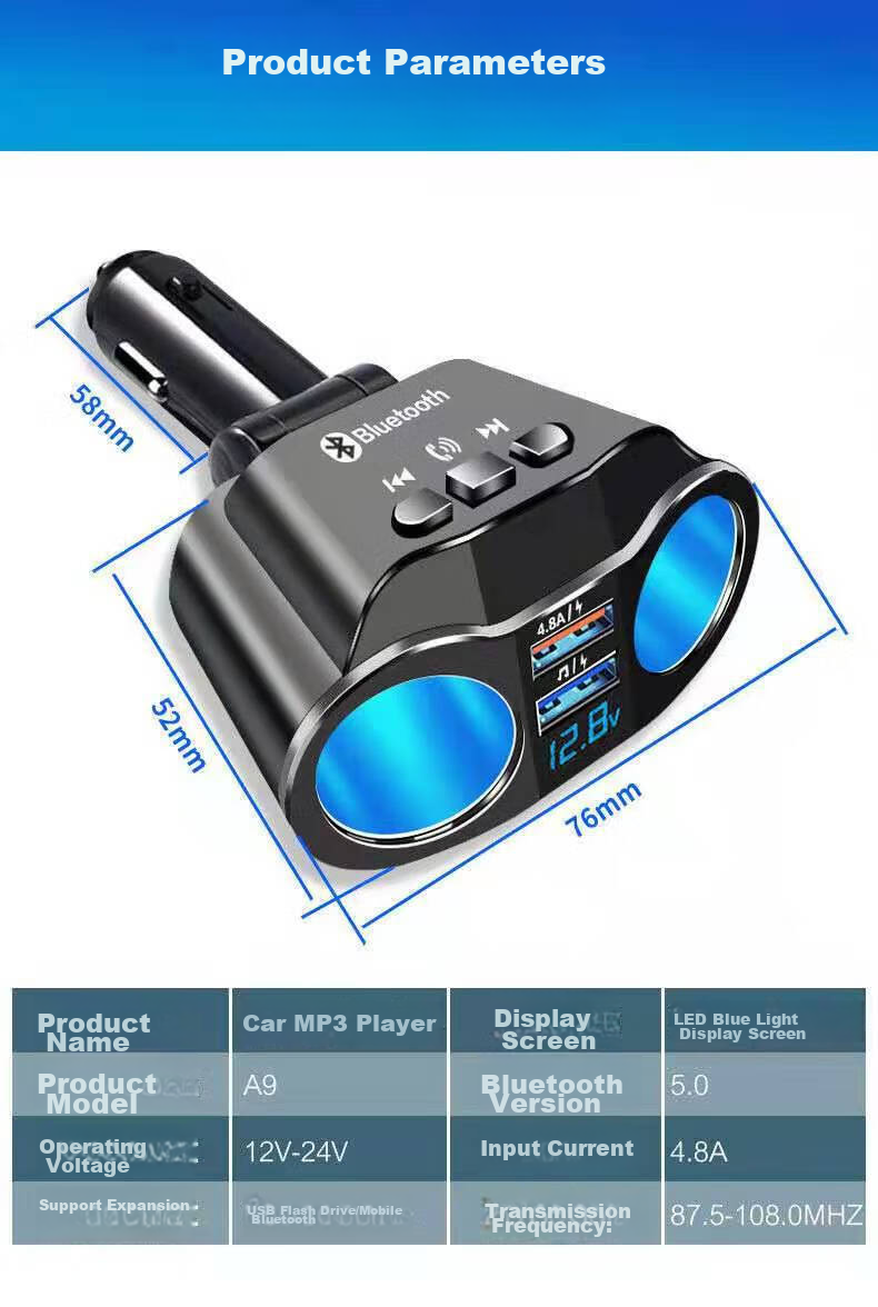Автомобильное зарядное устройство Kylie GSF-002, MP3 Bluetooth-плеер, черный, складная модель с цифровым дисплеем, 24 Вт быстрой зарядки