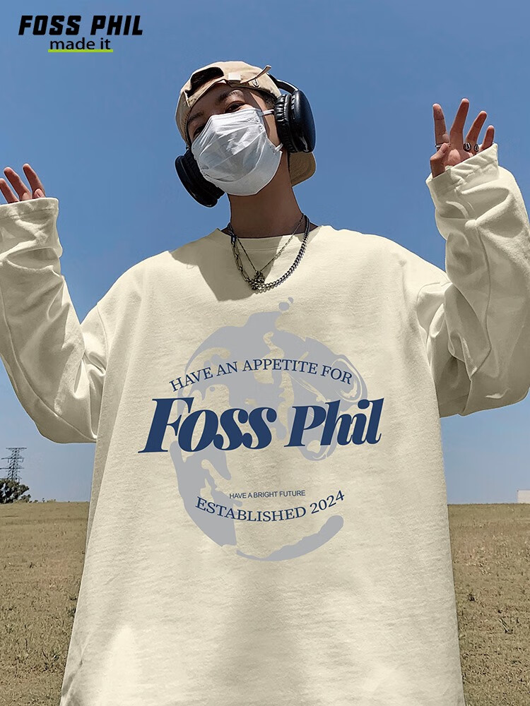 Футболка с длинным рукавом Foss Phil из чистого хлопка для мужчин, трендовая повседневная футболка оверсайз на осень, унисекс, с круглым вырезом, FPCT3, черная, XL