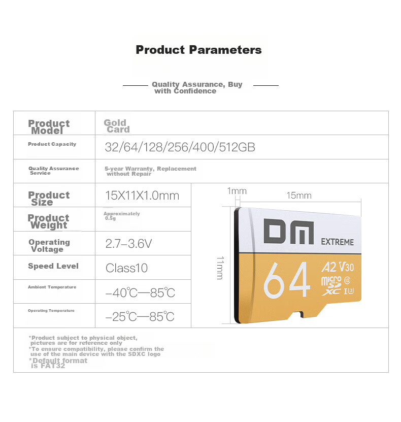 Карта памяти DM Gold Card A2 V30, 64 ГБ, TF (MicroSD), для игровых телефонов, видеорегистраторов, камер наблюдения, высокоскоростная внутренняя карта памяти