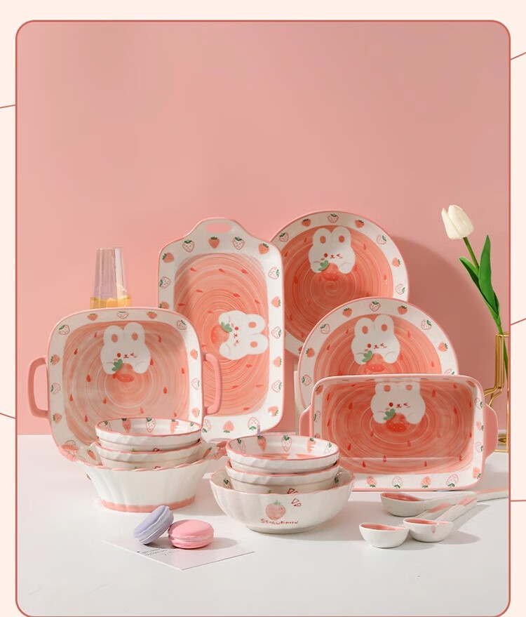 Набор керамической посуды CERAMICS "Клубничный кролик", набор для обеда из 6 предметов на двоих, милый домашний обеденный набор