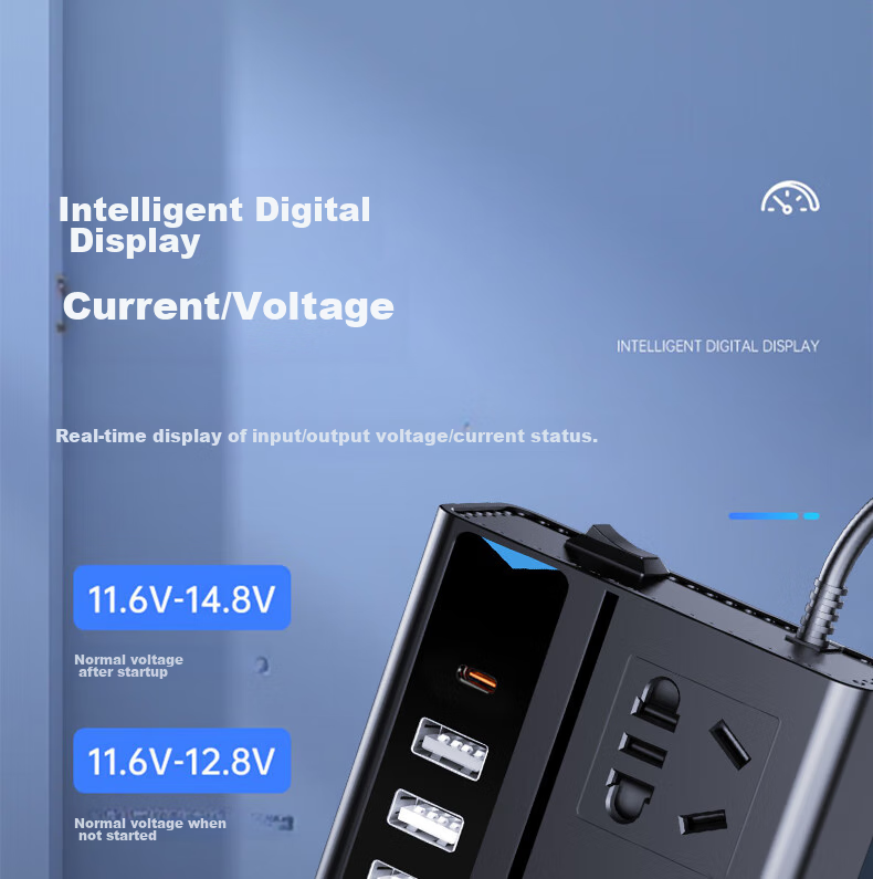 Автомобильный инвертор Zhunhang, 12V/24V в 220V, 200W, с USB-портами и дисплеем, квадратная волна