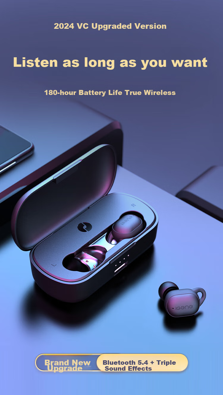 iGene Беспроводные наушники Bluetooth 5.4 с шумоподавлением, 180 часов работы, водонепроницаемые IPX6, черный