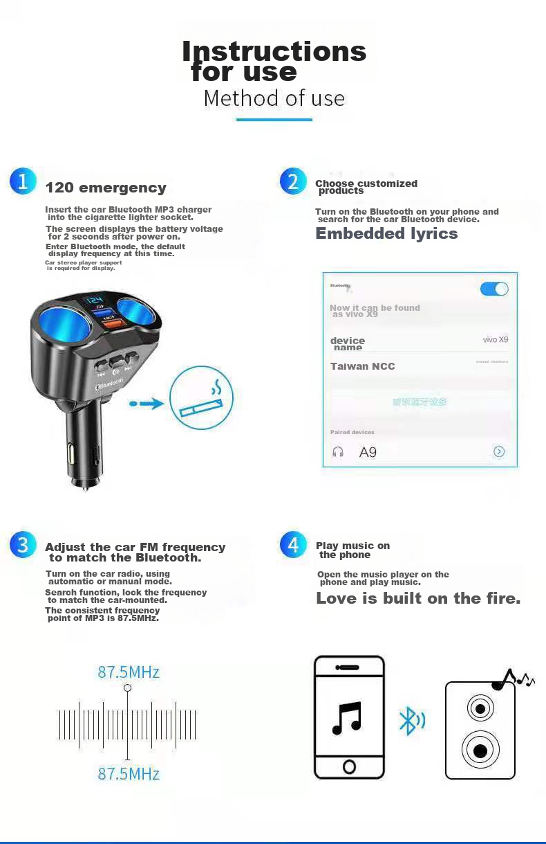 Автомобильное зарядное устройство Kylie GSF-002, MP3 Bluetooth-плеер, черный, складная модель с цифровым дисплеем, 24 Вт быстрой зарядки