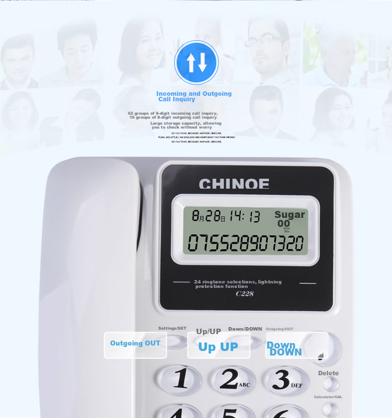 Стационарный телефон CHINO-E C228 Белый с определителем номера, двойным интерфейсом, без батареи