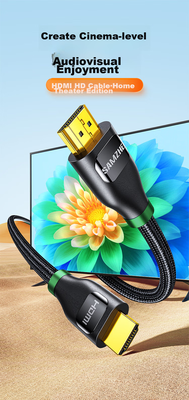Кабель SAMZHE HDMI версии 2.0, цифровой кабель высокой четкости 4K, 3D видеокабель, кабель для подключения ноутбука к телевизору, проектору, монитору, черный, 10 метров, BK-100