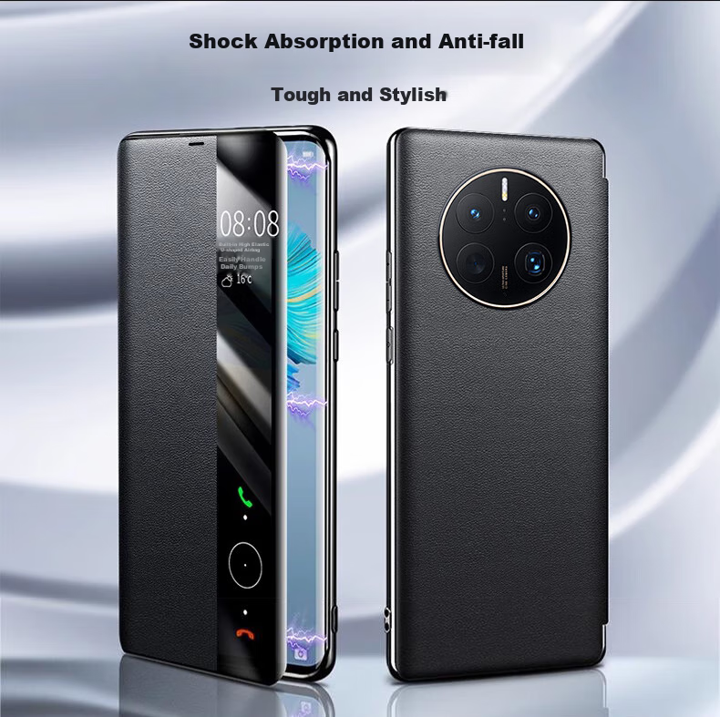 Чехол-книжка Eddga "Chuan Lian Jin Bao" для Huawei Mate50 Pro, флип-обложка с окном для просмотра уведомлений, полная защита, ударопрочный, натуральная кожа, с функцией "сон/пробуждение", черного цвета