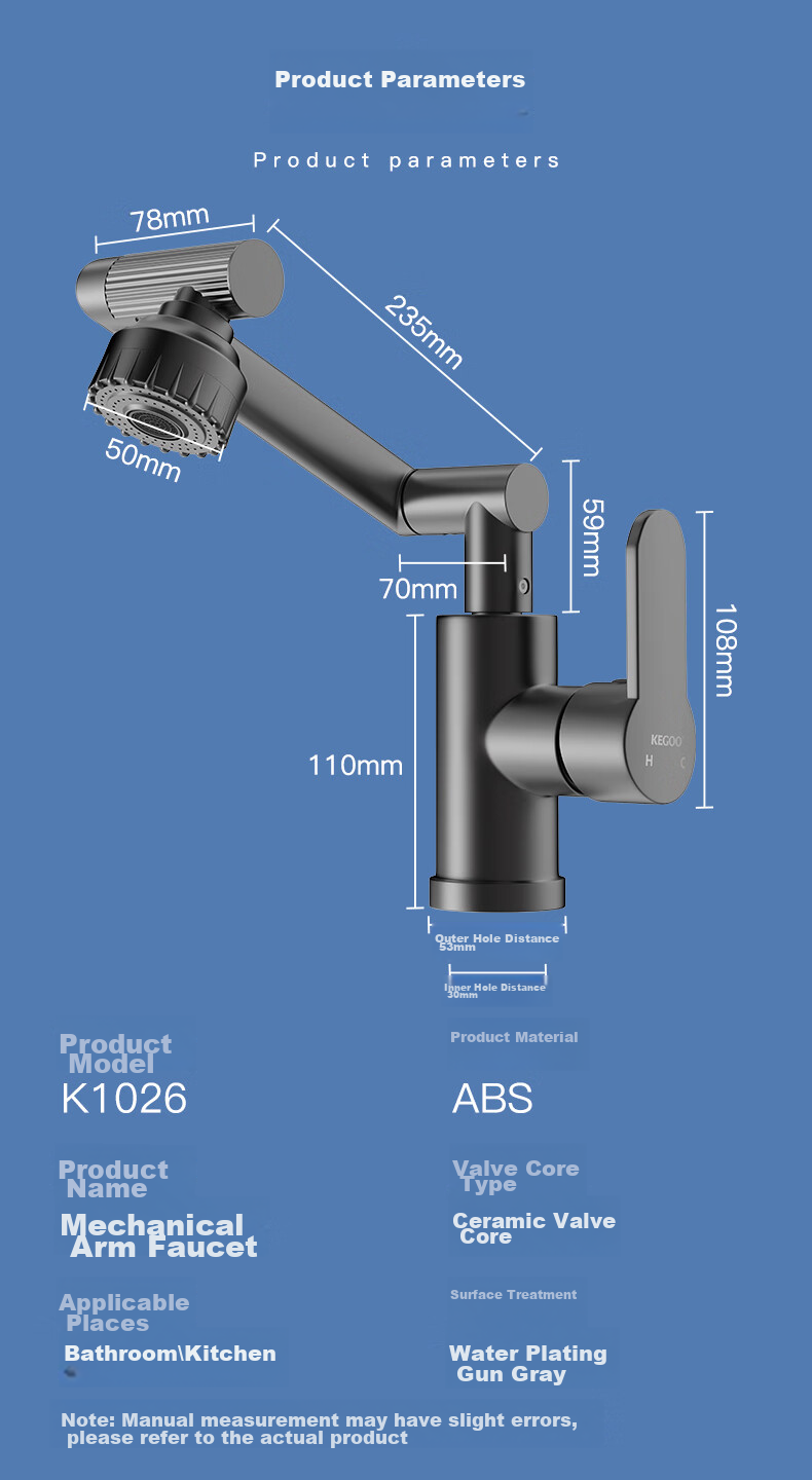 Смеситель KEGOO K1026 для раковины, ABS пластик, поворотный излив, однорычажный, с керамическим картриджем, хром