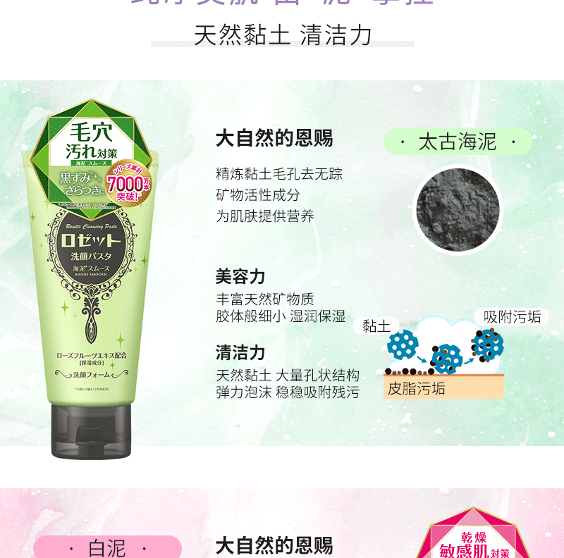 露姬婷（Rosette）日本进口海泥洗面奶120g 毛孔清洁祛痘控油除螨去黑头洁面男女 【油性/混油】清洁毛孔j洁面120g