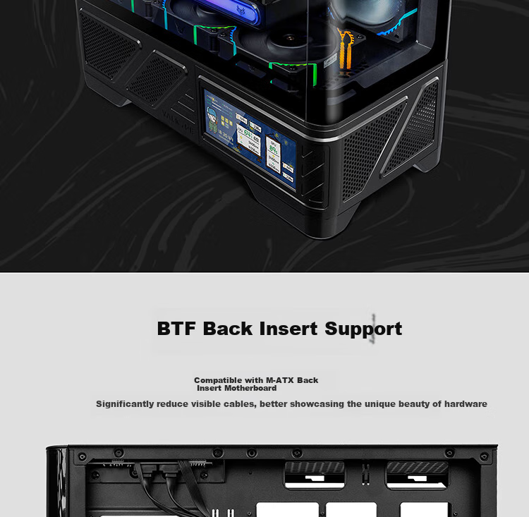 Компьютерный корпус VALKYRIE VK03-M BLACK M-ATX, с поддержкой водяного охлаждения 360 мм, сенсорным экраном 6.2 дюйма, изогнутым стеклом и панорамным обзором 270°