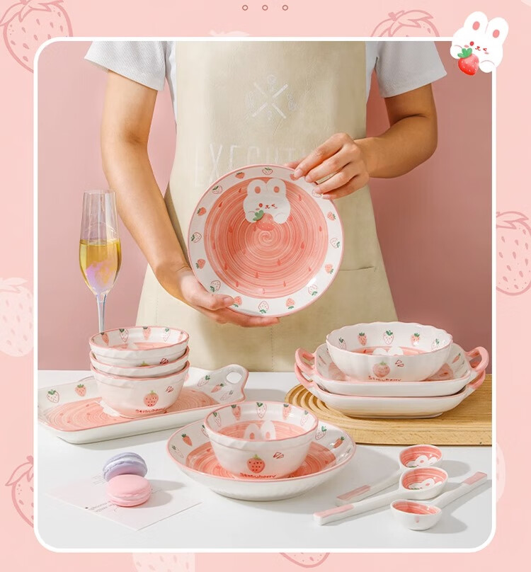 Набор керамической посуды CERAMICS "Клубничный кролик", набор для обеда из 6 предметов на двоих, милый домашний обеденный набор