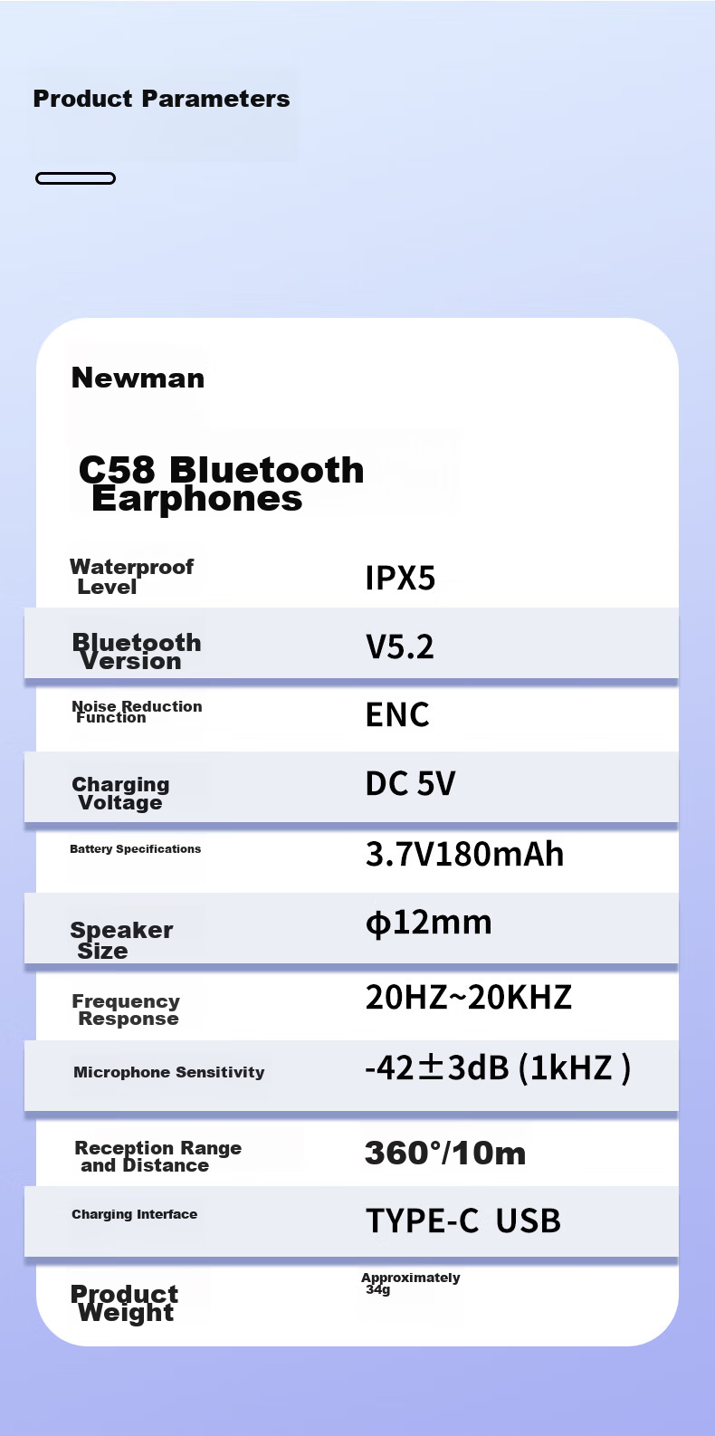 Беспроводные наушники Newmine C58 с шейным ободком, Bluetooth 5.2, шумоподавление ENC, до 12 часов работы, водонепроницаемость IPX5, Type-C