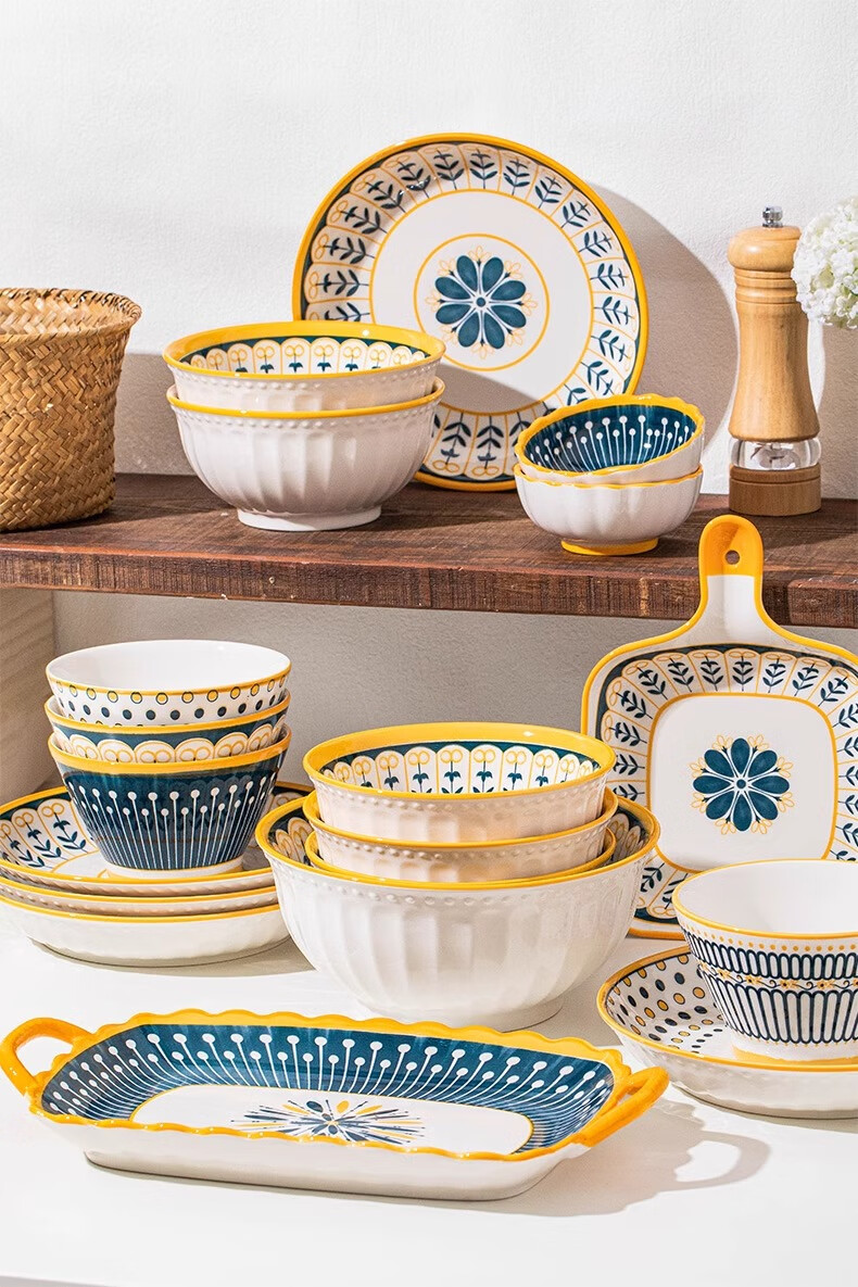 Набор посуды CERAMICS Nordic Style, японский стиль, 16 предметов, керамика, для дома, для новоселья, золотистый