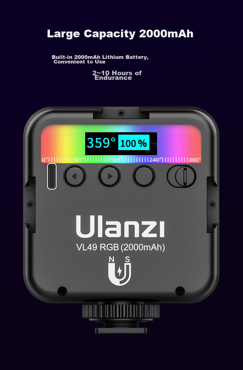 Ulanzi VL49RGB Bluetooth Remote Control Kit (Black), Магнитный полноцветный заполняющий свет, портативный светодиодный карманный двухцветный источник света для прямой трансляции, фонарик для камеры телефона