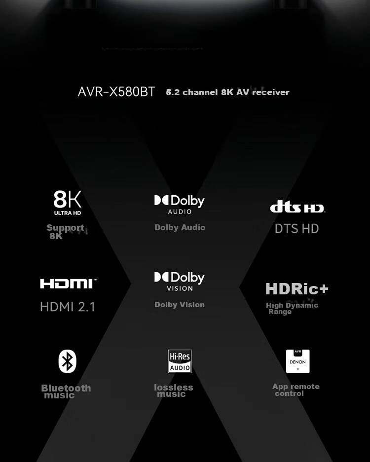 AV-ресивер DENON AVR-X580BT, 5.2-канальный, 8K, Dolby, DTS, Bluetooth, USB, черный