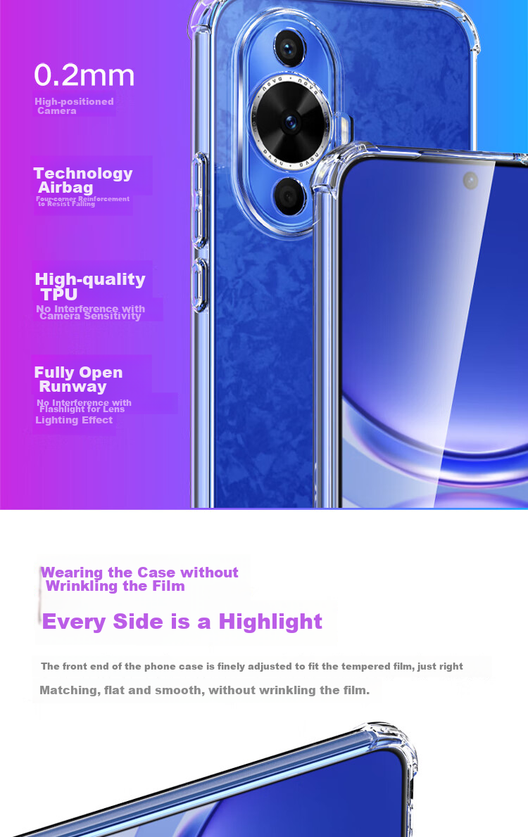 Чехол ESCASE для Huawei Nova 12 Vitality Edition, с полной защитой объектива, магнитный, противоударный, прозрачный, мягкий, с ТПУ подушкой безопасности, прозрачно-белый с магнитным кольцом