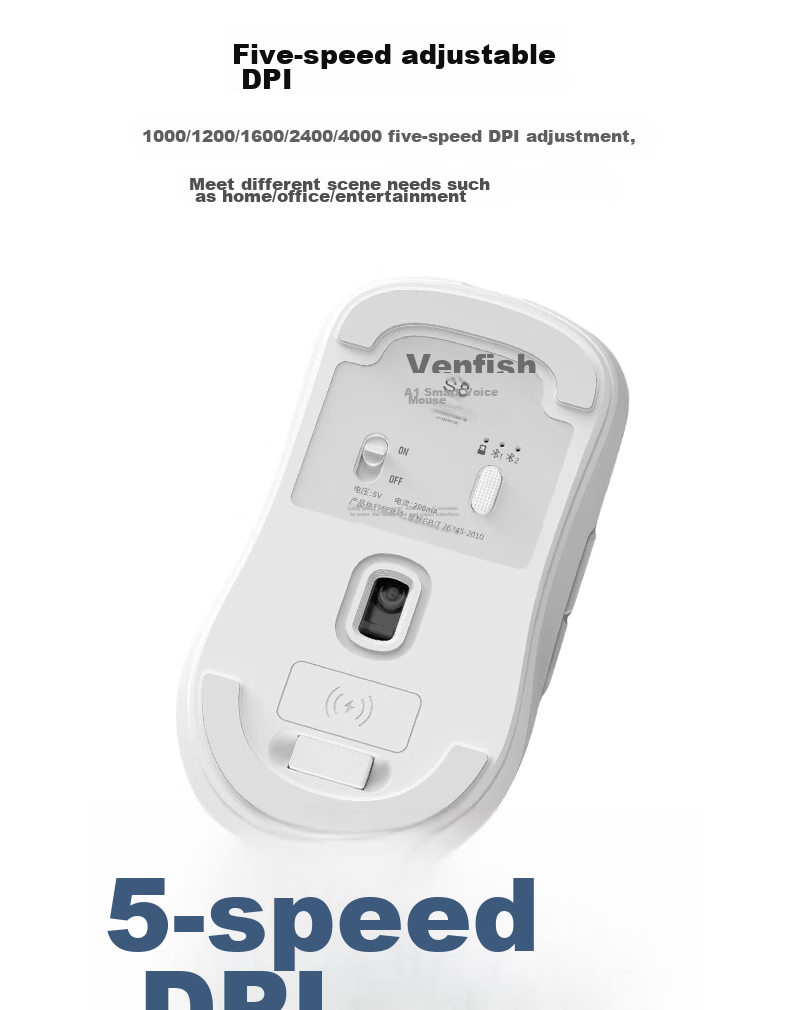 VENFISH AI Smart Voice Mouse S8 Беспроводная Bluetooth Офисная Мышь с ИИ, Генерация PPT, Чтение текста, Перевод, Черная