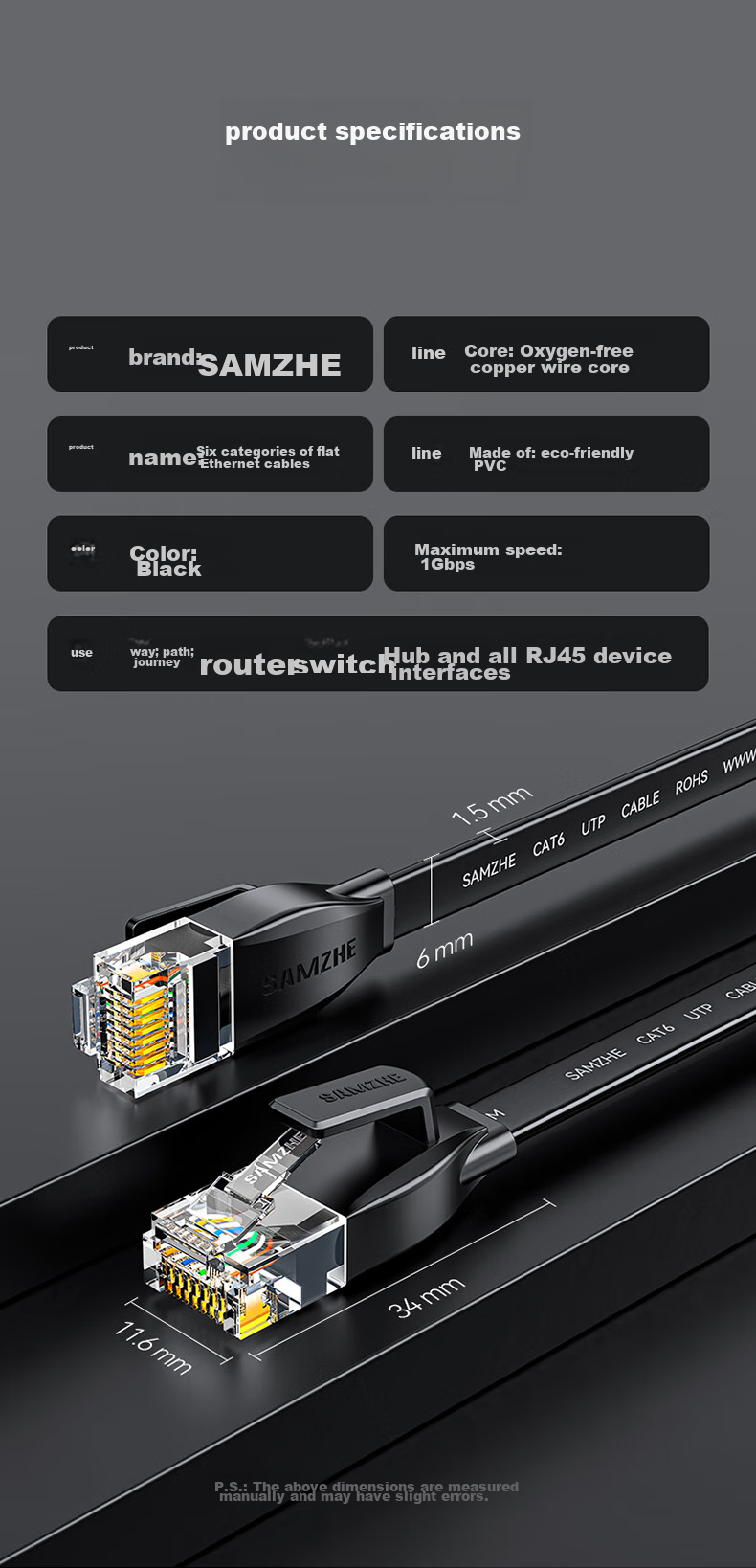 Сетевой кабель SAMZHE Cat6 Gigabit Pure Copper Flat Ethernet, 0.5 метра, черный