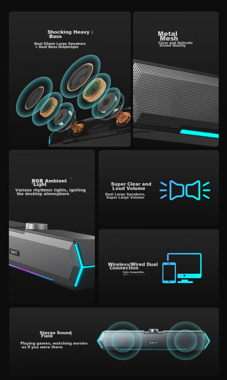 Компьютерная акустика Havit M19, Bluetooth 5.3, USB, RGB подсветка, 2.0, черный