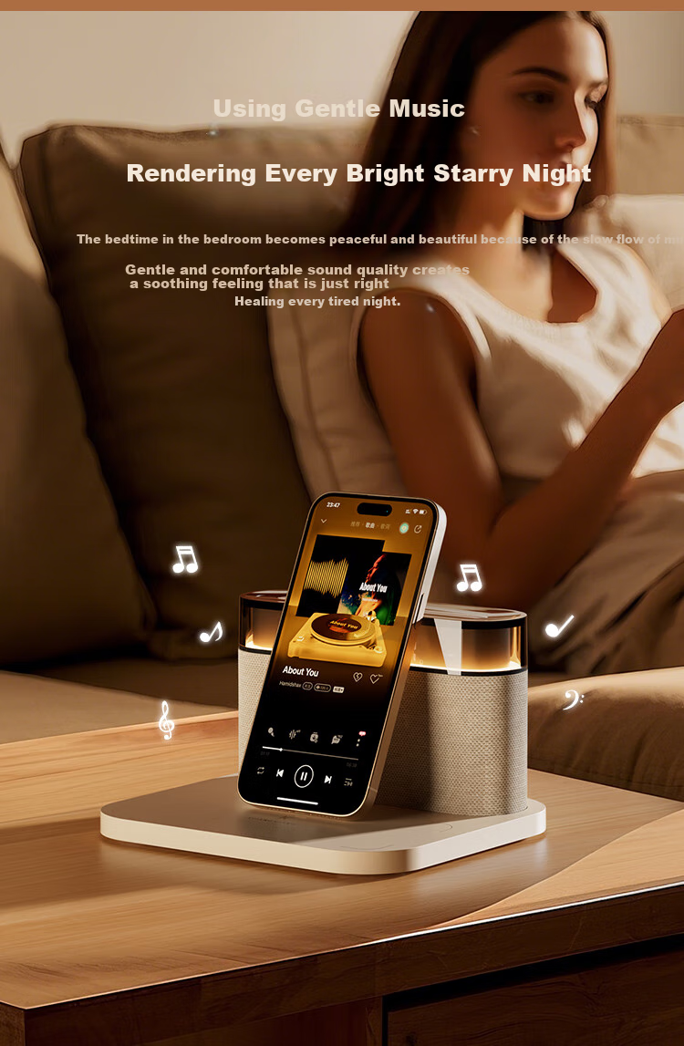 Bluetooth-колонка Kuangxiang S26S с беспроводной зарядкой, ночником и будильником, цвет бежевый