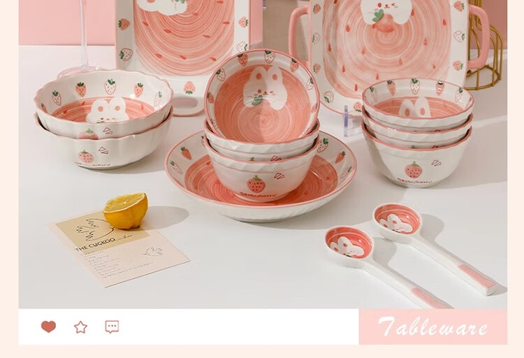 Набор керамической посуды CERAMICS "Клубничный кролик", набор для обеда из 6 предметов на двоих, милый домашний обеденный набор