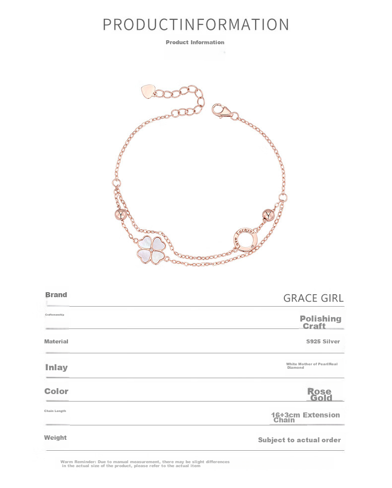 Браслет Grace Girl "Четырехлистный клевер" с двойным слоем и бриллиантами, женское ювелирное изделие из розового золота, подарок на день рождения, Новый год