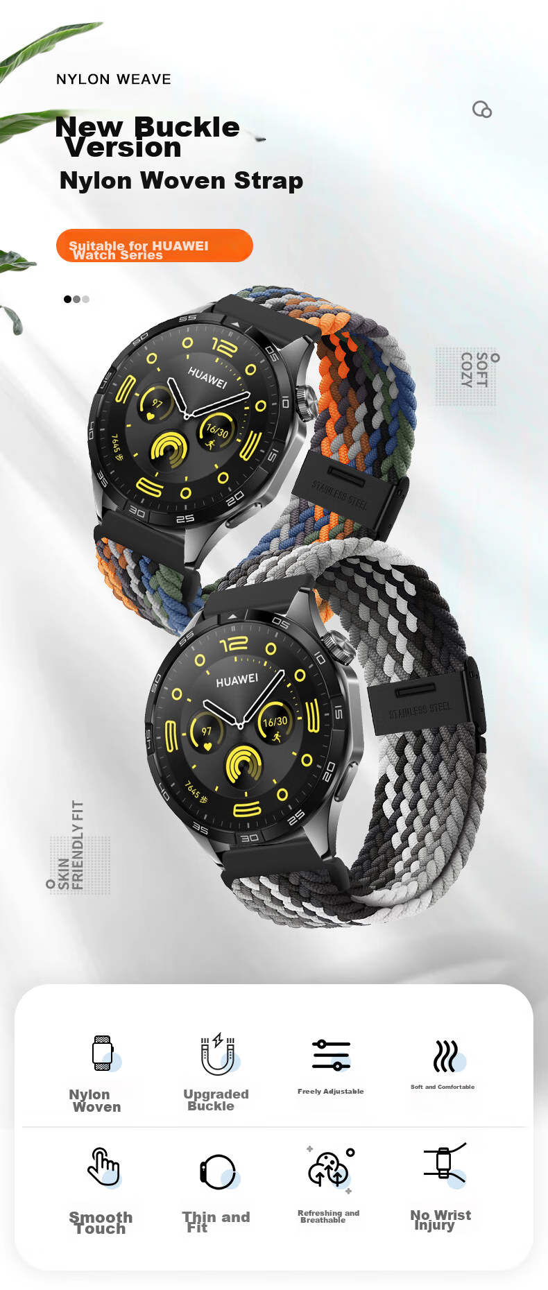 Ремешок для Huawei Watch GT 6/GT5/GT4/GT3/watch4/3pro/GT3pro/buds, нейлоновый плетеный, черный графит, 46/48 мм