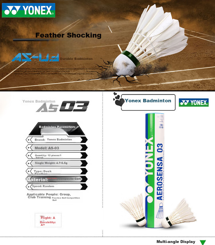 Воланы для бадминтона YONEX AS-03, профессиональные, утиное перо, 12 штук в тубусе