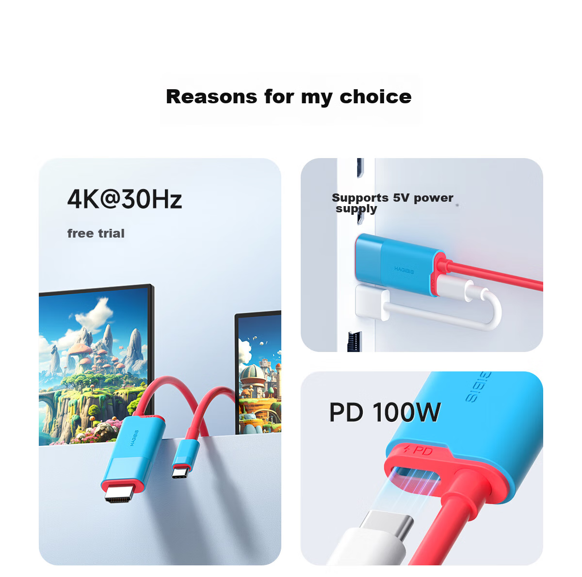 Кабель Hagibis Type-C - HDMI 4K@30Hz, 2 метра, черный/белый