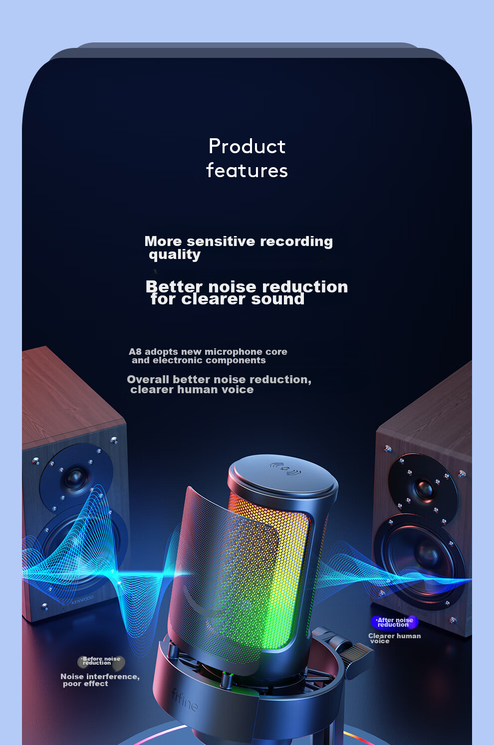 USB-микрофон FIFINE A8 для стриминга, караоке, записи голоса, игр, TikTok, онлайн-обучения, с шумоподавлением