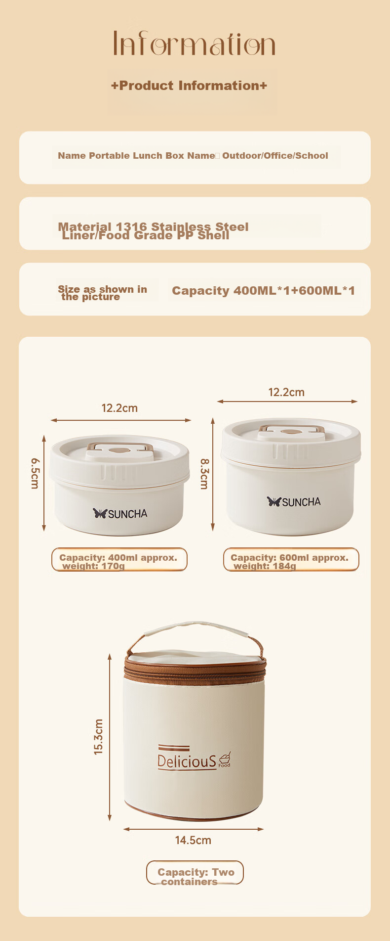 Контейнер для еды Suncha, нержавеющая сталь 316L, 2 слоя, 1 л + термосумка, подходит для офисных работников, студентов, микроволновой печи