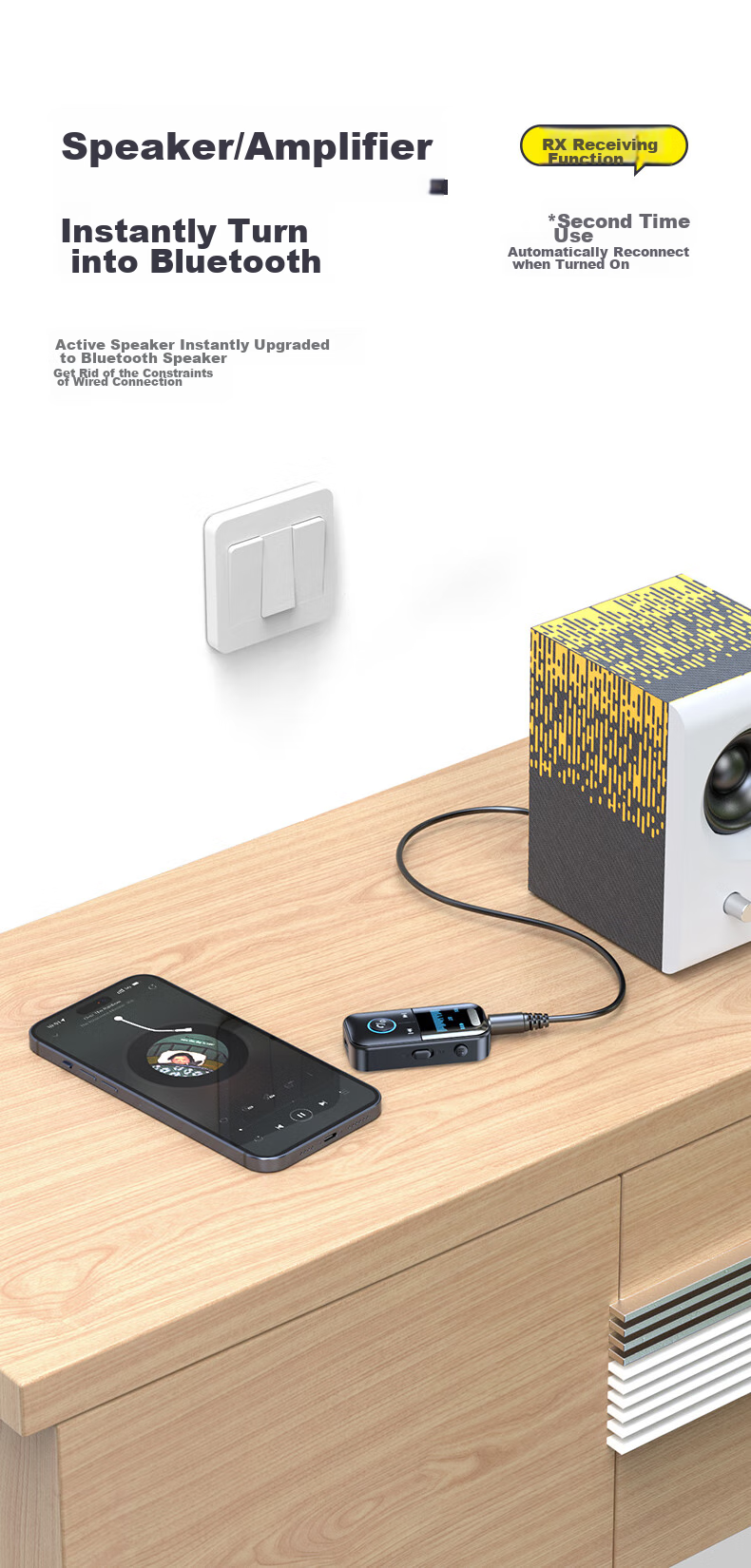 BIAZE Bluetooth 5.4 Аудио Приемник-передатчик, Адаптер для Автомобильных Наушников, Динамиков, Усилителей, Компьютеров, Телевизоров, Беспроводное Преобразование AUX с Hands-Free