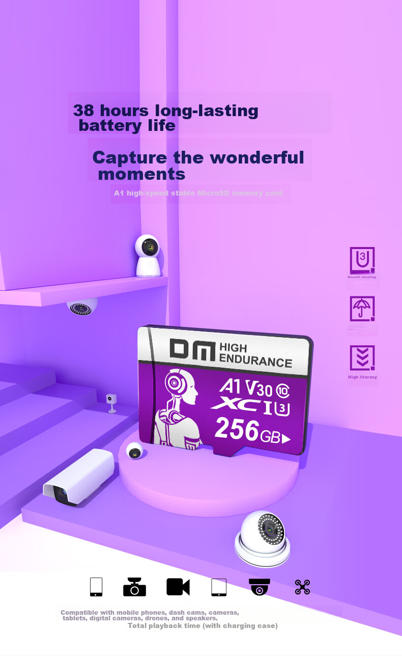 Карта памяти DM Daimei 256GB TF (MicroSD), фиолетовая, C10, высокоскоростная для камер видеонаблюдения, совместима с Huawei, Xiaomi, Yingshi, Pulin360