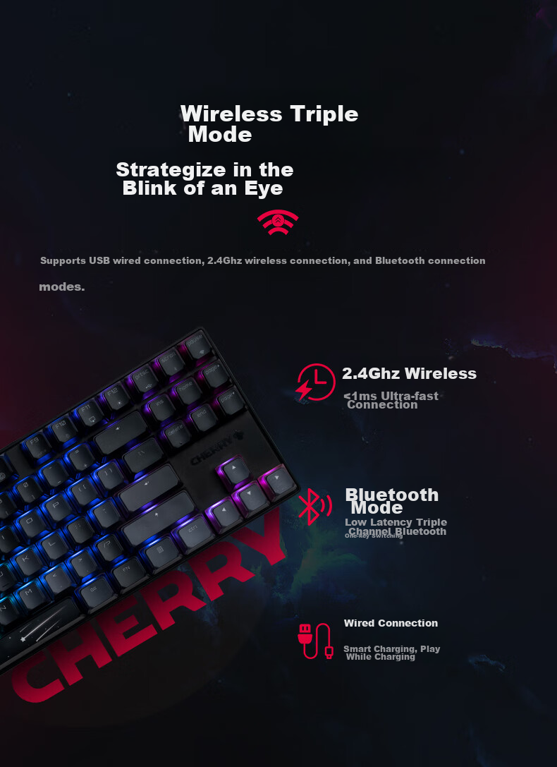 CHERRY MX8.2 Xaga Wireless Keyboard, Bluetooth Tri-Mode Office Mechanical Keyboard, Compatible with MAC System, Three-Transparency PBT Keycaps Customizable Keyboard, New Year Gift