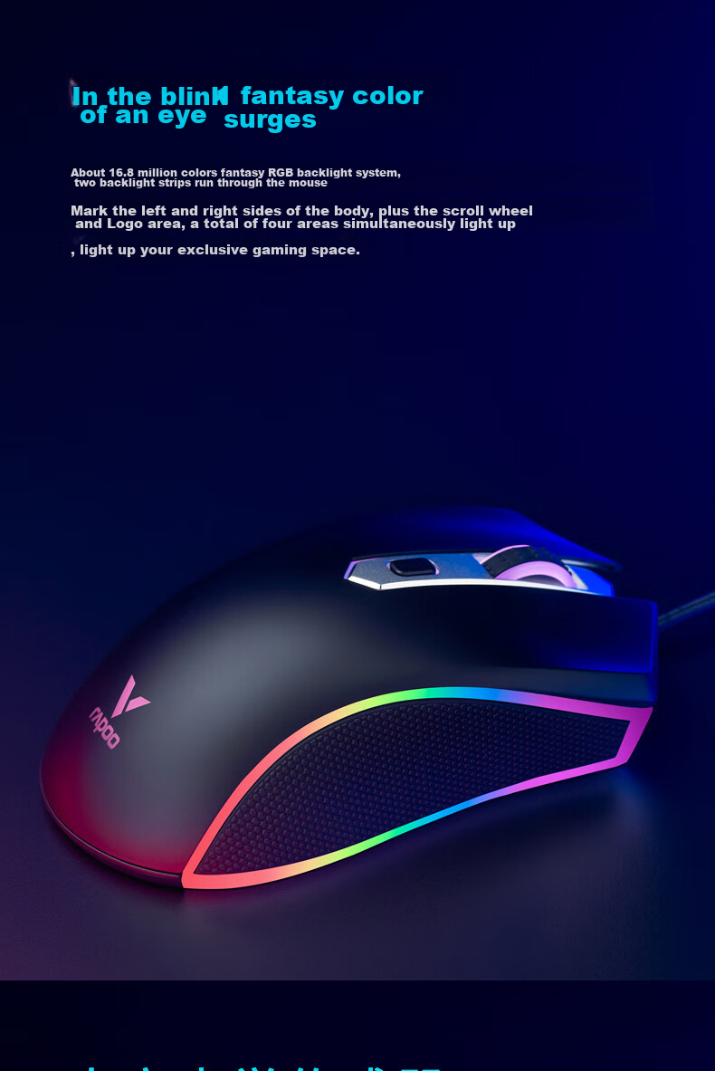 Игровая мышь Rapoo V28S, проводная, RGB, 8 программируемых кнопок, черная