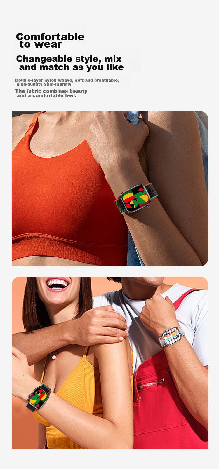 Ремешок MSSM для Apple Watch Series 11, Ultra 3/S10/9/SE3, Белый Радужный, 44/45/46/49MM, нейлоновый