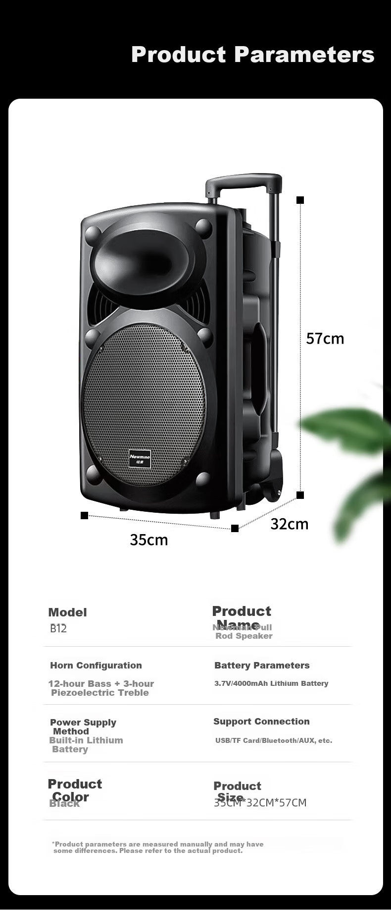 Портативная колонка Newmine B12, 12 дюймов, Bluetooth 5.0, с двумя микрофонами и пультом ДУ