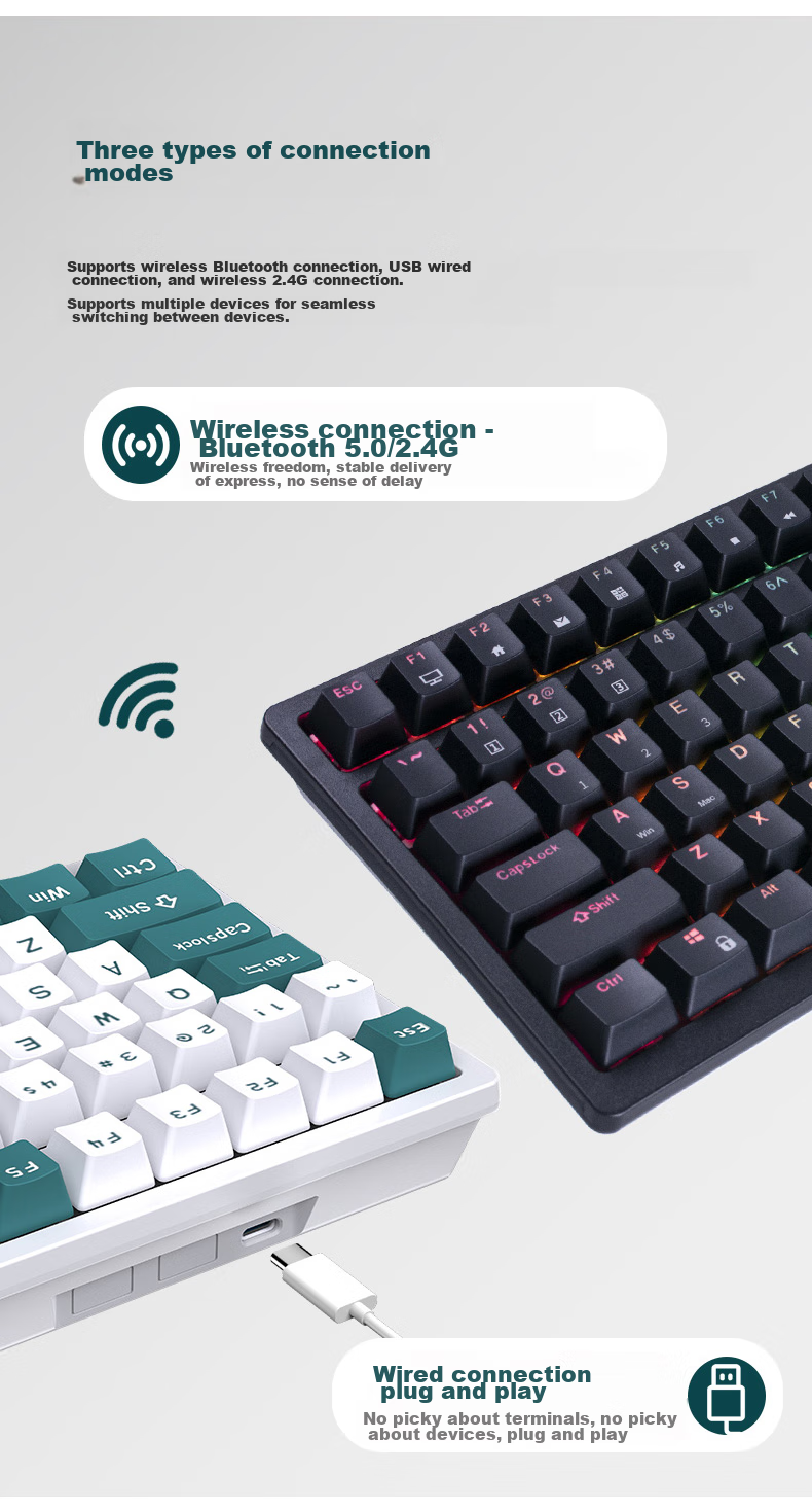 RK 98 Механическая клавиатура, беспроводная 2.4G, проводная Bluetooth, трехрежимная, 100 клавиш, 98 раскладок, RGB подсветка, белая, коричневый переключатель