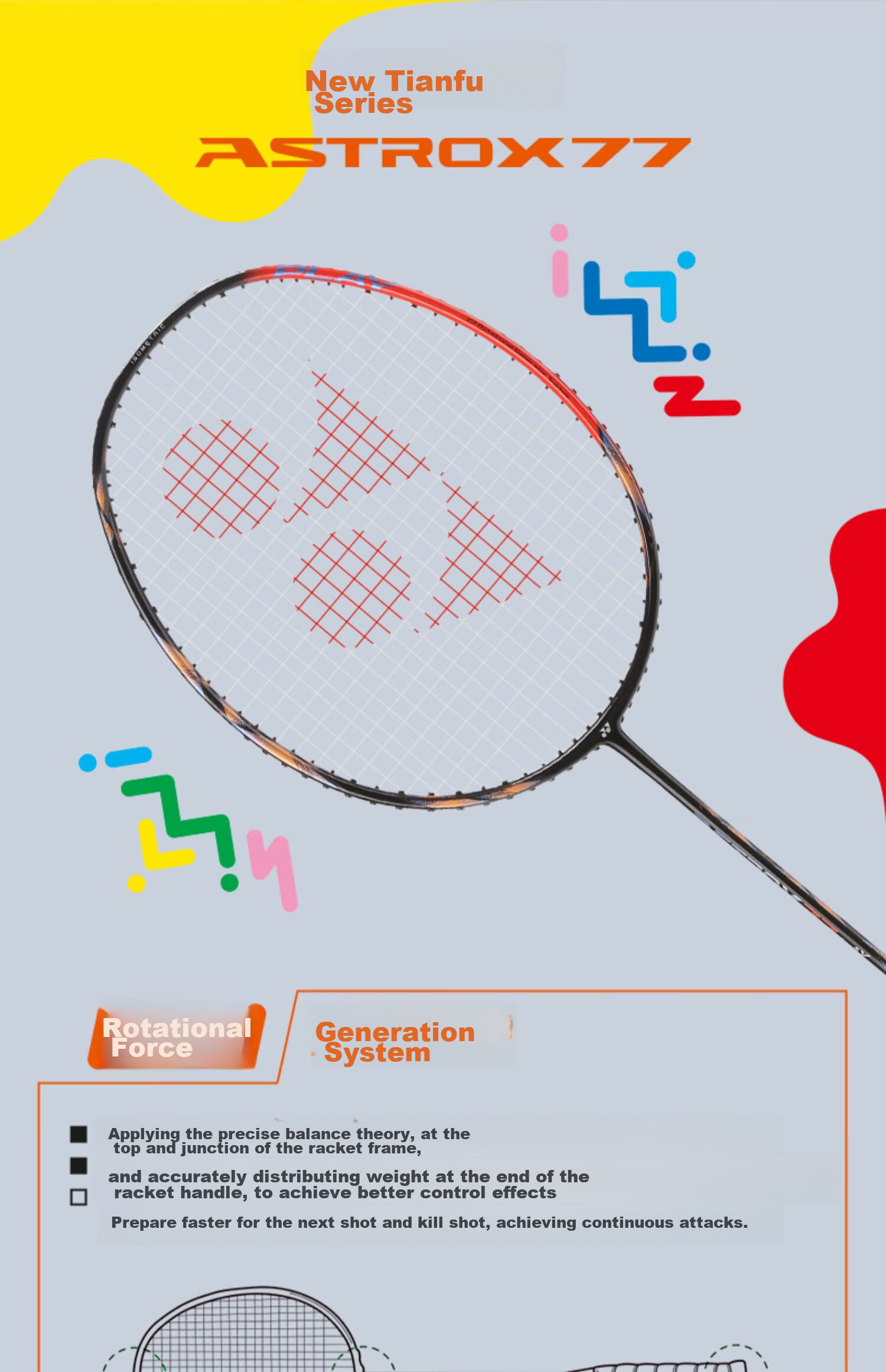 Бадминтонная ракетка YONEX Astrox AX77Play, полнокарбоновая, одиночная ракетка, струнная, 25 фунтов, 4U