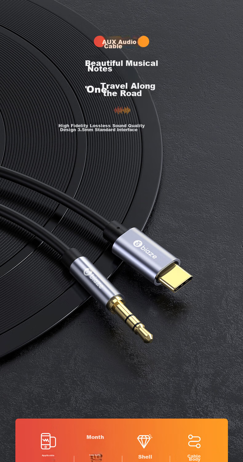 BIAZE Type-C to 3.5mm Conversion Cable, Car AUX Audio Cable, Headphone Jack Adapter, Audio Converter for Speakers And Phones, 1 Meter DAC Decoder Y11