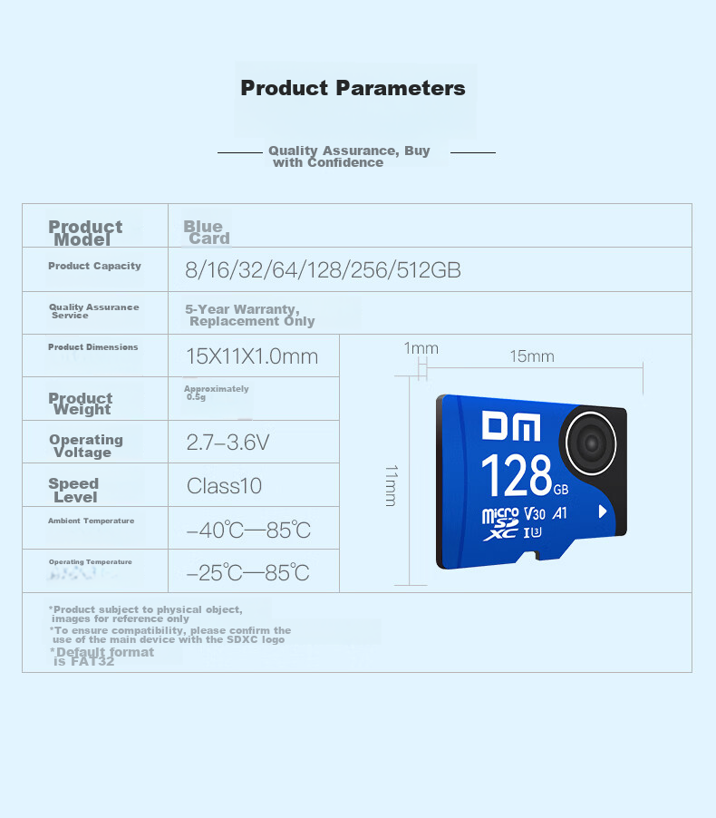 Карта памяти DM Daimai 128GB TF (MicroSD) Class 10 U3 V30 A1, синяя, для видеорегистратора и камеры видеонаблюдения