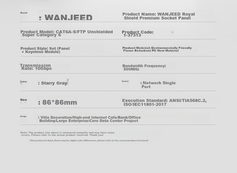 Розетка сетевая WANJEED Cat6A, одинарная, 86 тип, 10 Гбит/с, без модуля, серая