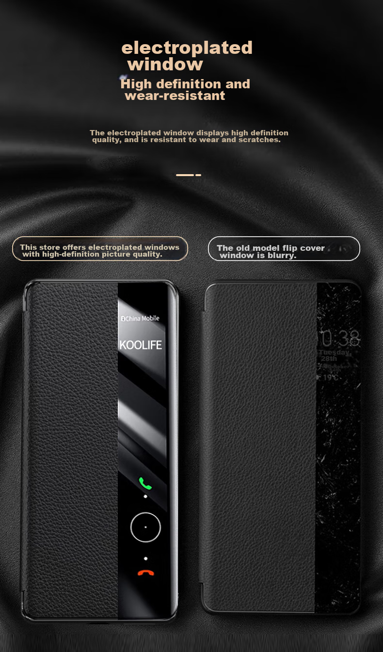 Чехол-книжка KOOLIFE из натуральной кожи для Huawei Mate60 Pro, с окном для просмотра уведомлений, противоударный, бизнес-стиль, черный